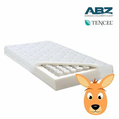 ABZ Kangoeroe Matras Pocketveren KM111 60 x 120 De kern is gevuld met pocketveren, afgedekt met koudschuim. De tencel hoes ( ti